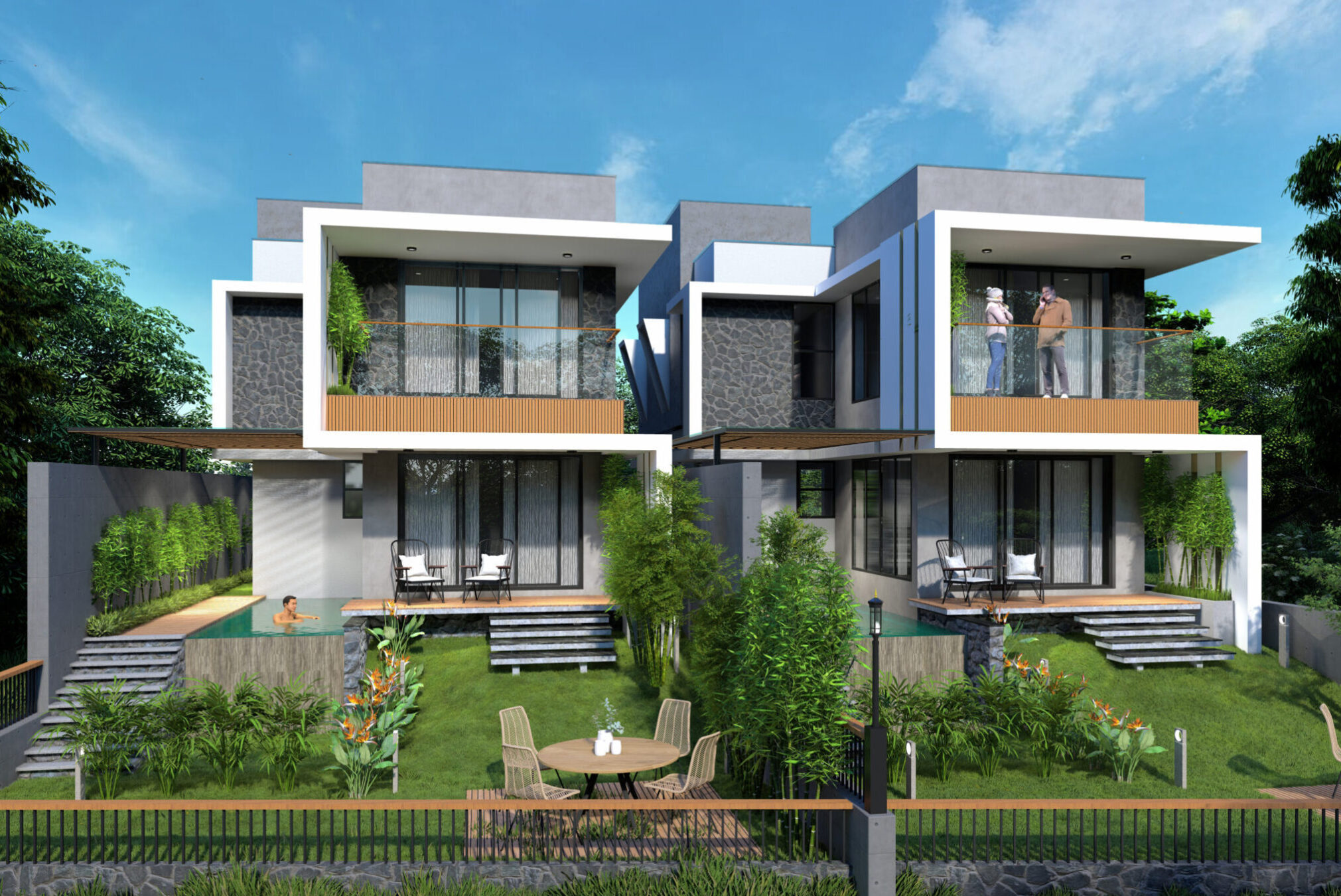 Rendered image of a hospitality project with a contemporary resort in serene hills, crafted by our expert architecture team at Lykke Architecture Studio.