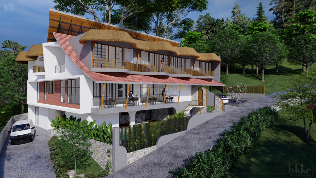 A rendered image of a resort (Hospitality) in Munnar designed by Lykke Architecture Studio  which give its guests a serene and luxurious experience, blending seamlessly with the lush greenery of the surrounding hills. 