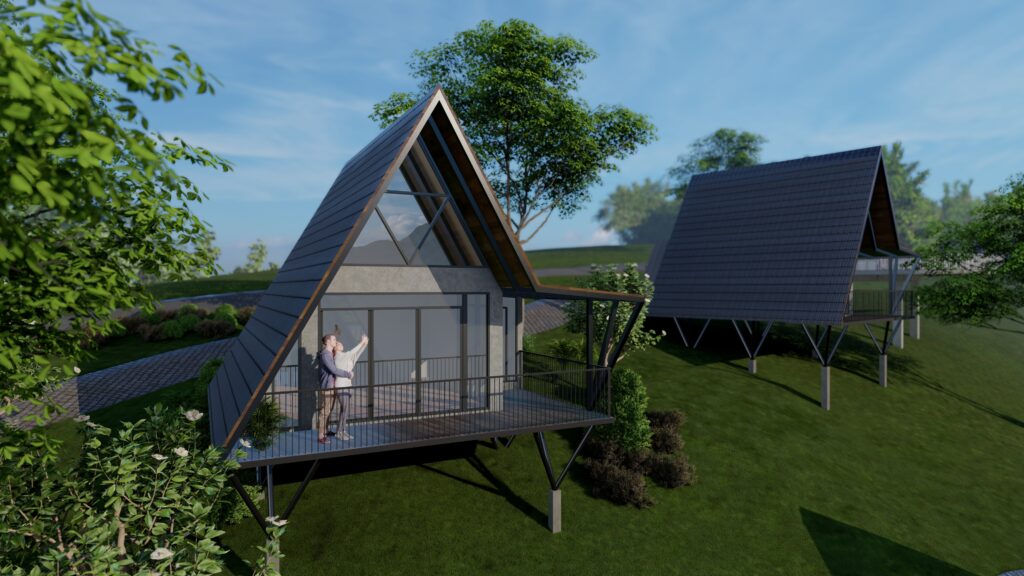 Rendered image of a contemporary resort with slope roofs in serene hills.