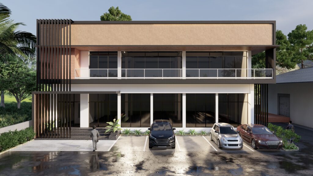 A rendered image of contemporary commercial building.