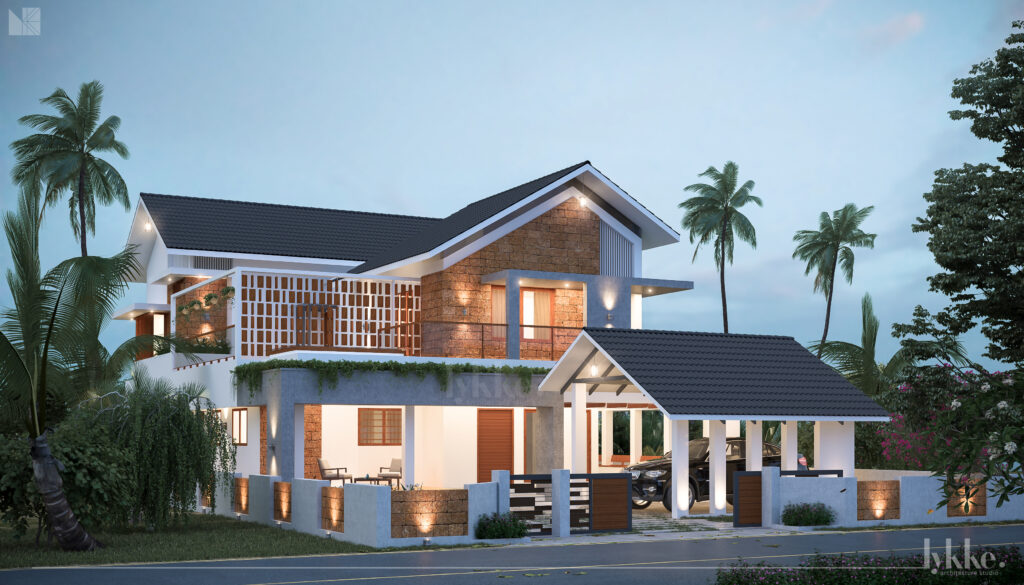 A rendered image of a residential/residence project by Lykke Architecture studio showing its modern facade design.