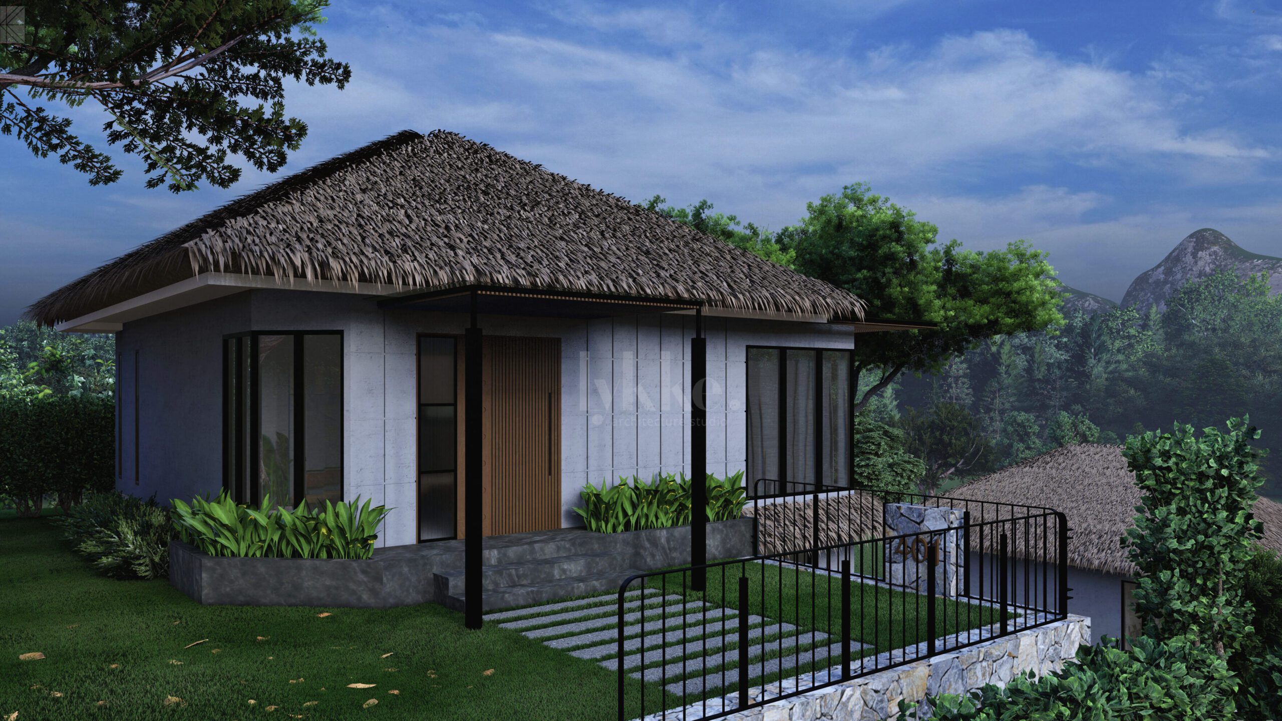 A rendered image of a resort renovation project with individual hut like blocks.