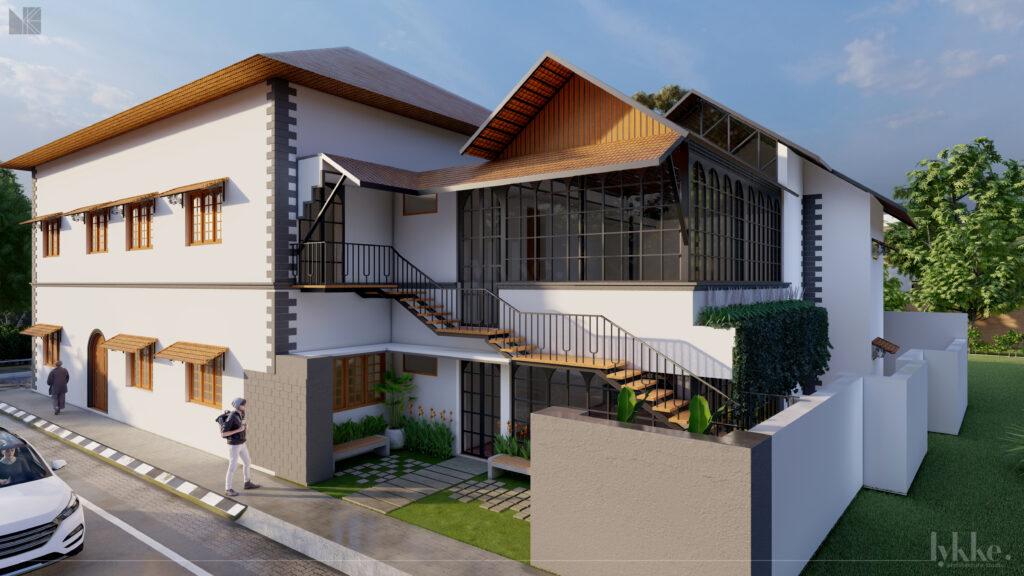 Rendered image of a commercial inn renovation project by Lykke Architecture Studio that revives charm with modern comforts.