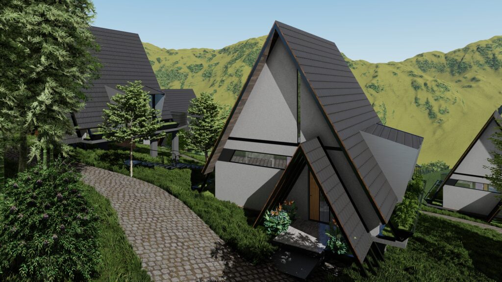 Rendered image of a contemporary resort with slope roofs.