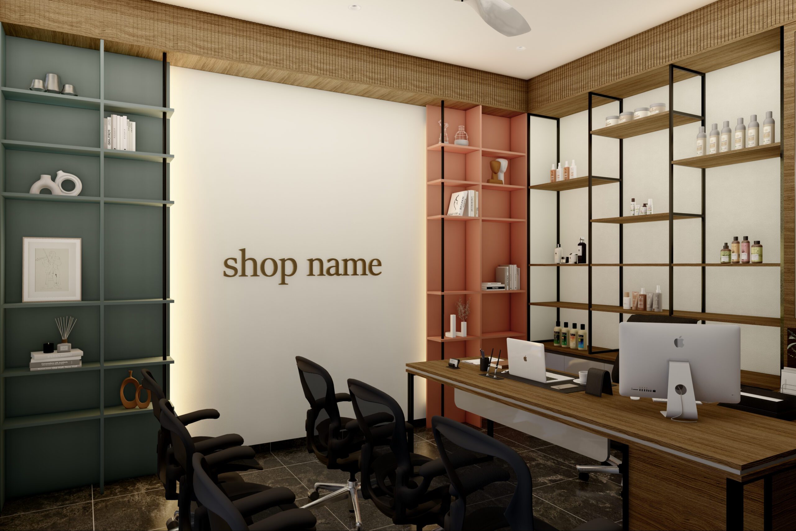 Rendered image of a medical shop (commercial) with sleek and minimalistic design by Lykke Architecture Studio