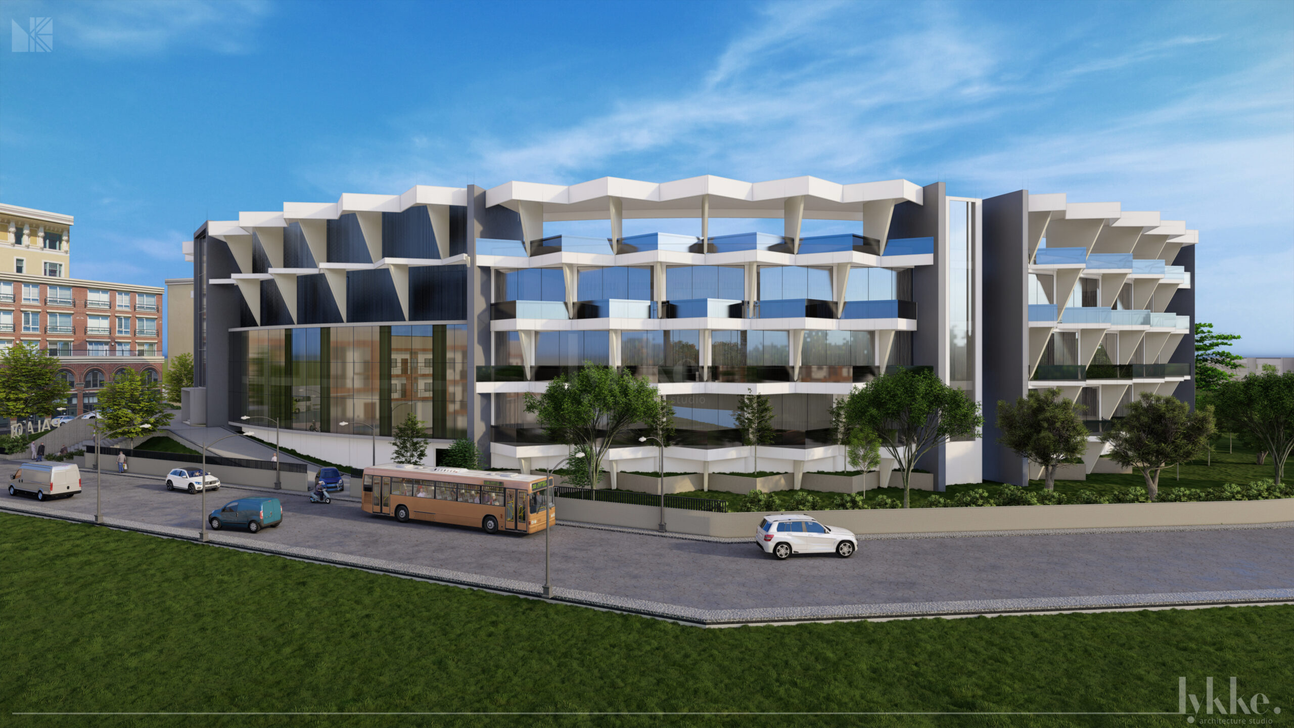 The Prism Parade - A rendered image of a commercial complex designed by Lykke Architecture Studio that exhibits grandiose and structural excellence.