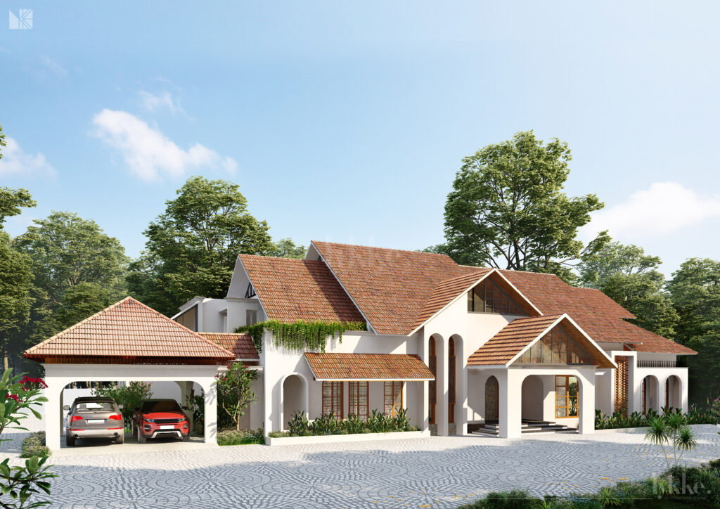 Image of a modern residence with tiled roofs, arched verandas, covered carport, large windows, and a wide paved driveway