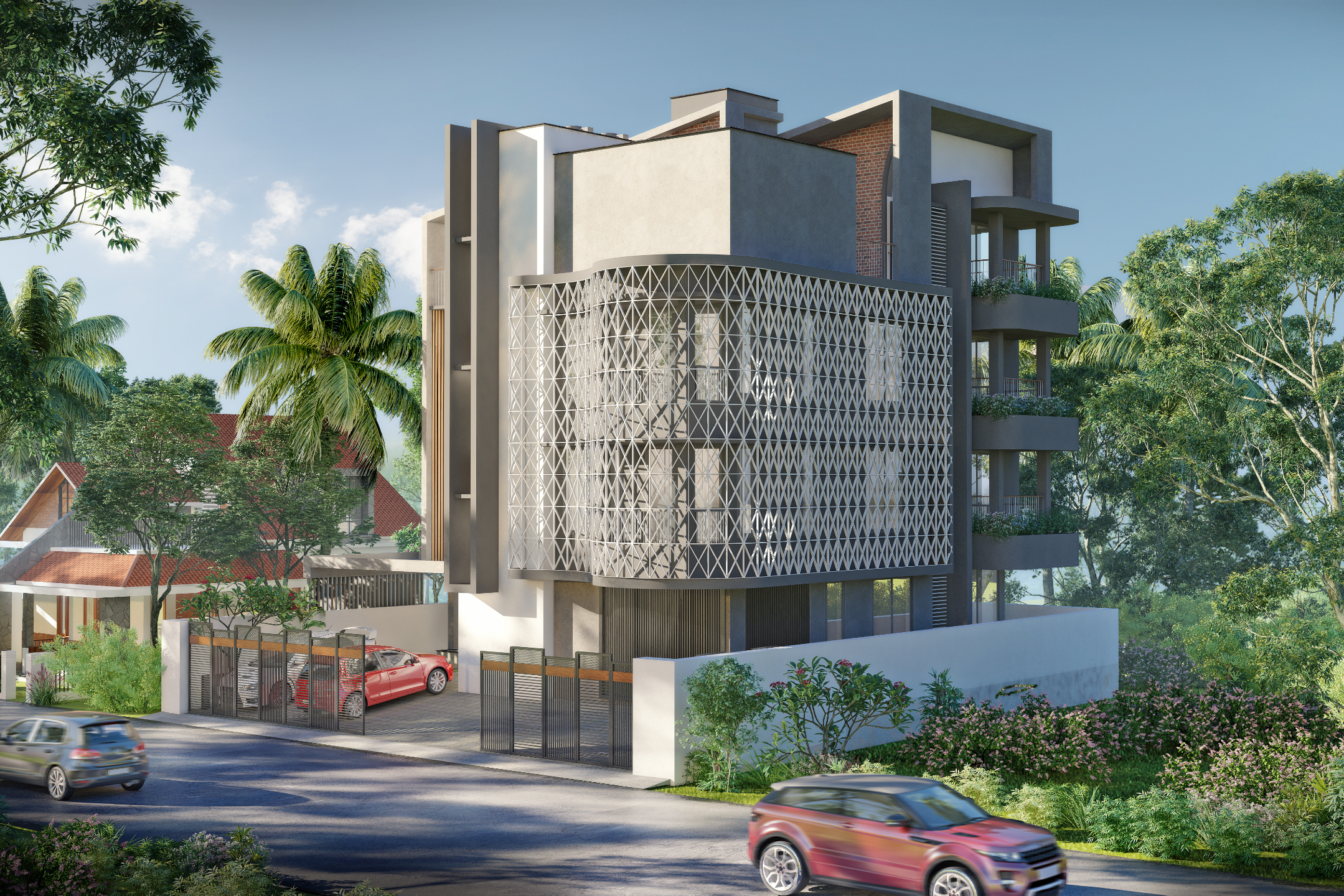 A modern apartment building featuring a white facade with recessed terracotta panels and minimalist windows