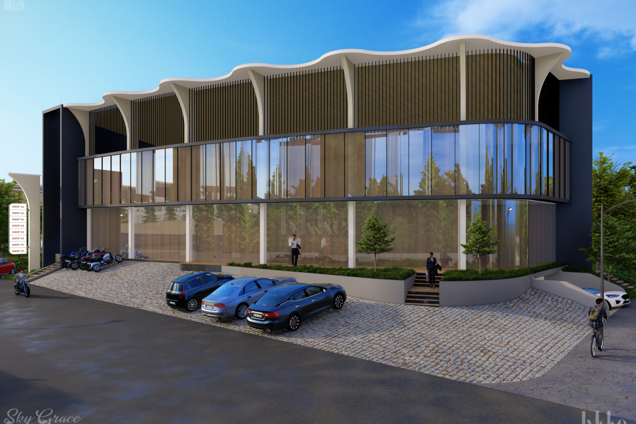 Architectural visualization of a commercial building with vertical design elements and modern street-side appeal.