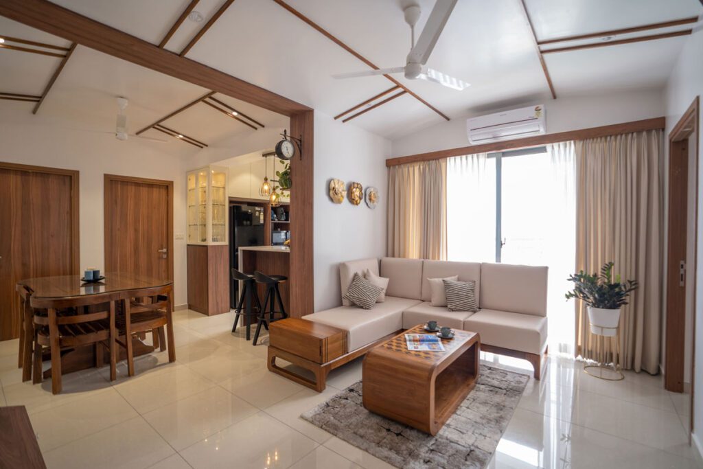 Modern living room with wooden accents showing minimalism and premium quality.